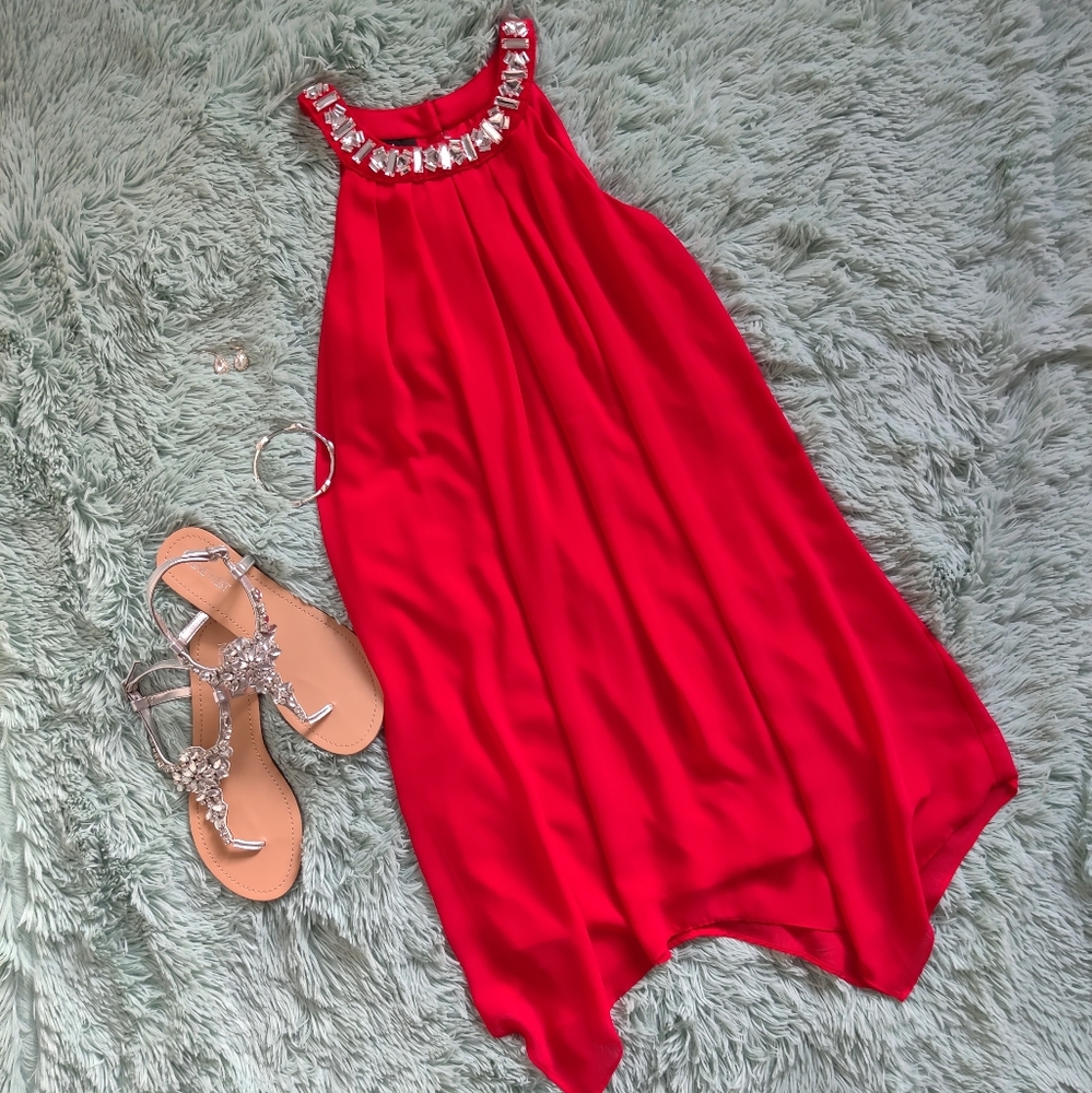 By & By - Red Halter Swing Dress - Size:S